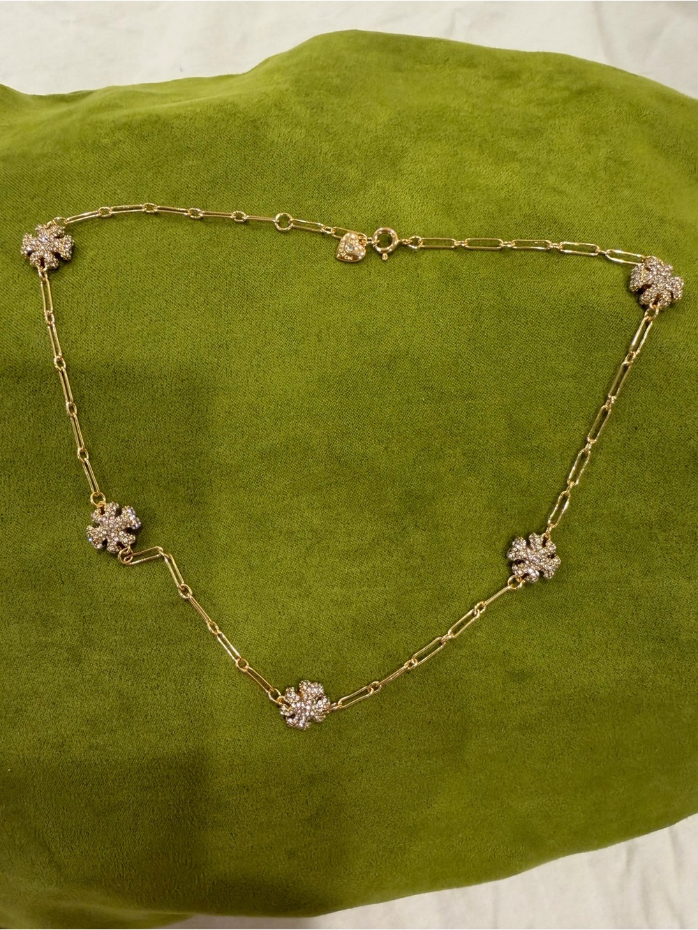 Tory Burch pave logo shape link necklace.